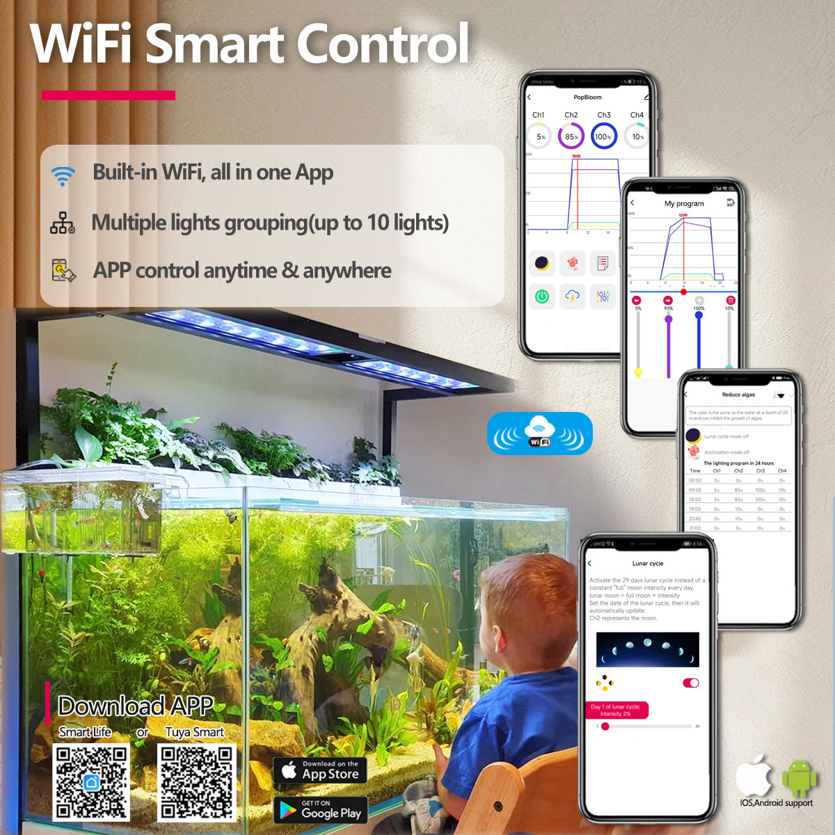 Aquarium Marine Lights - PopBloom H54 H75 WiFi対応 フルスペクトルLED水槽用ライト。アプリで操作可能。プロ仕様の水草育成ライト。淡水水草用。